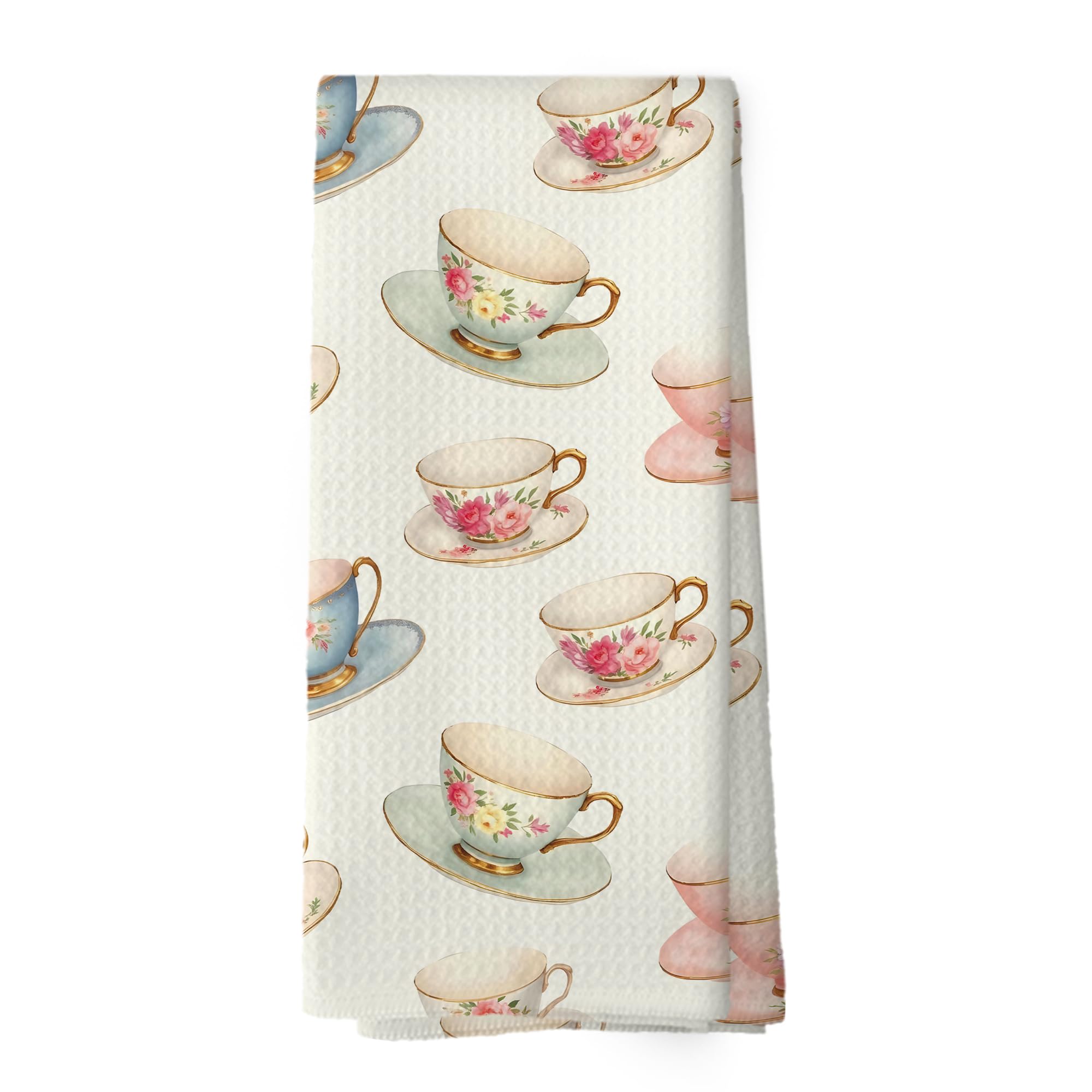 XPH Vintage Spring Floral Teacups Kitchen Dish Towels, Retro French Garden Tea Lover Gifts, Coffee Cup Kitchen Decor, Roses Flow