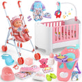 Baby Doll Crib and Stroller Accessories Play Set with 11 Baby Doll,Dining Chair,24 PCS Dolls Accessories and 2 Sets Clothes,Real