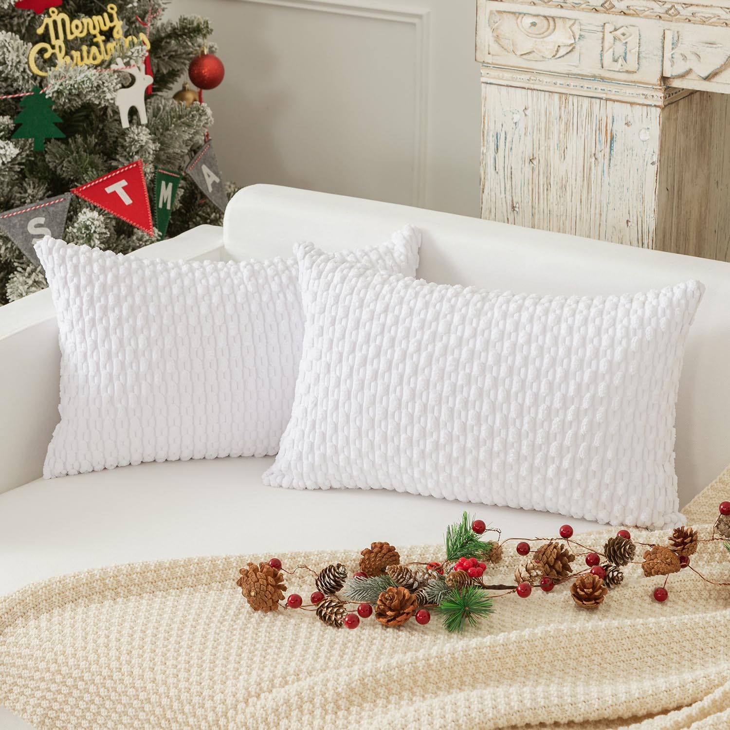 Kevin Textile Pack Of 2, Velvet Pillow Covers Striped Throw Cushion Case Set Accent Corduroy Lumbar Pillowcases With Hidden Zipper For Home Decor Indoor Outdoor (12'X20', Pure White)