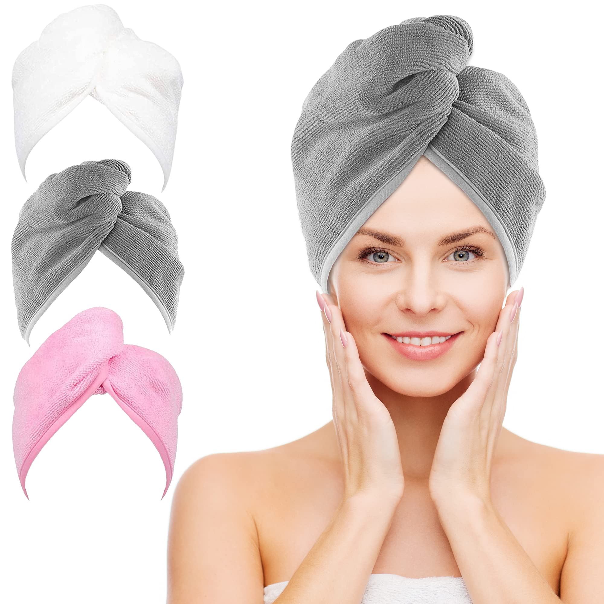 NEXCOVER Microfiber Hair Towel, 3 Pack (White+Grey+Pink) 9.8 inch X 25.5 inch Hair Turbans,Ultra Absorbent,Fast Drying Hair Towe