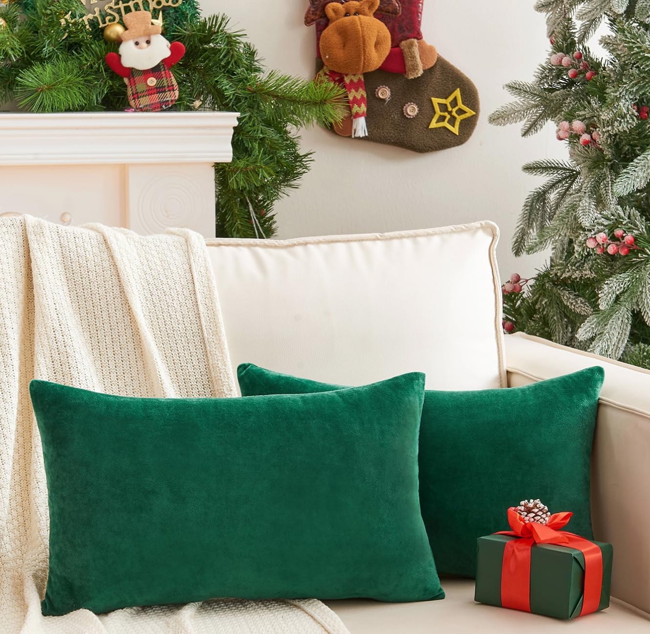 Grineed Pack Of 2 Christmas Green Pillow Covers 12X20 Inch Decorative Throw Pillow Cover, Velvet Lumbar Emerald Pillowcases For