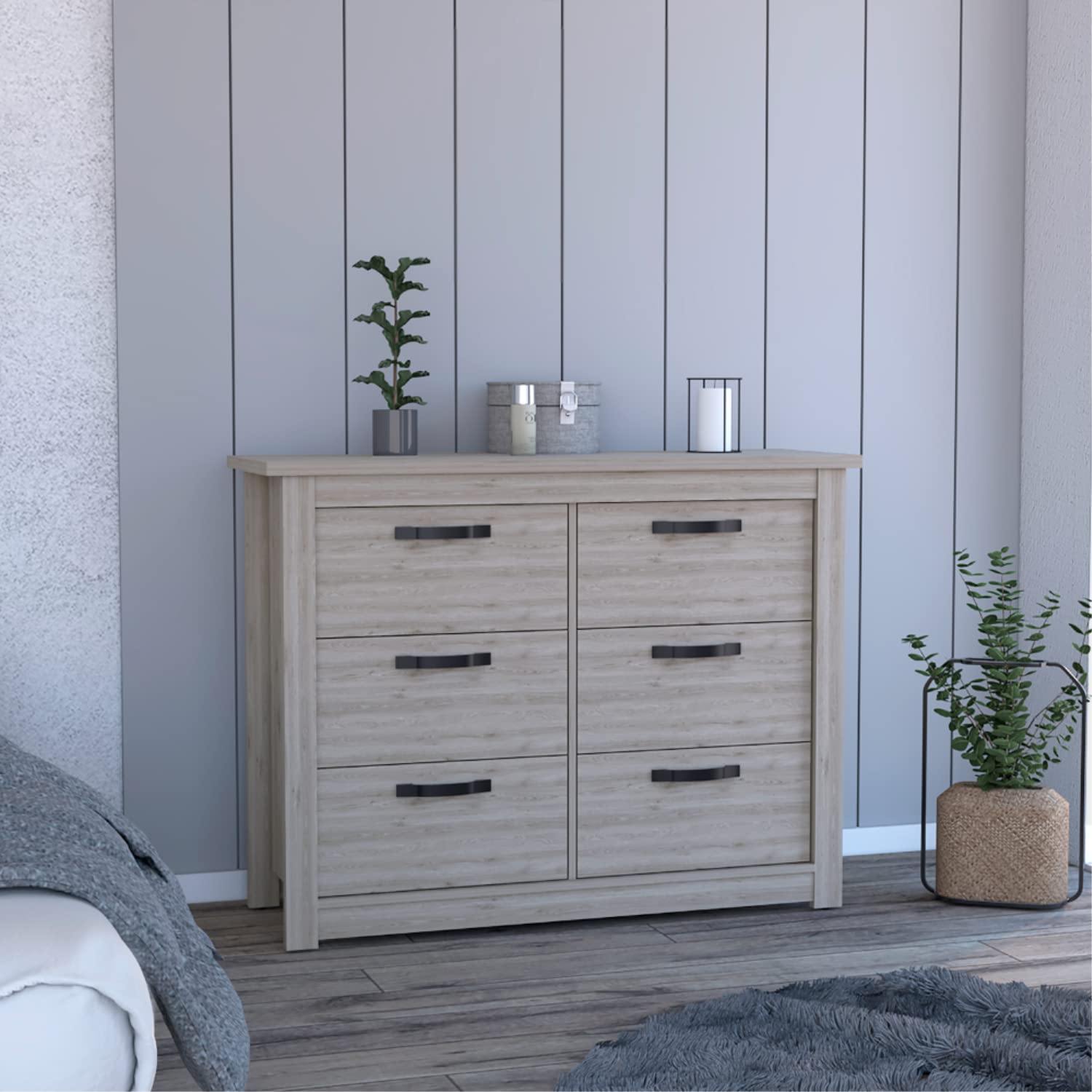 Galena 6 Drawer Double Dresser, 4 Legs, Superior Top, Metal Hardware, Light Gray