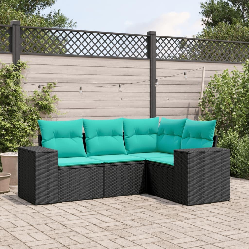 vidaXL Patio Sofa Set ?4 Piece Black PE Rattan Outdoor Furniture with Cushions, Modular Design, Storage, Washable Covers ?for Garden, Terrace, Deck, Backyard, 242.5 lb Per Seat