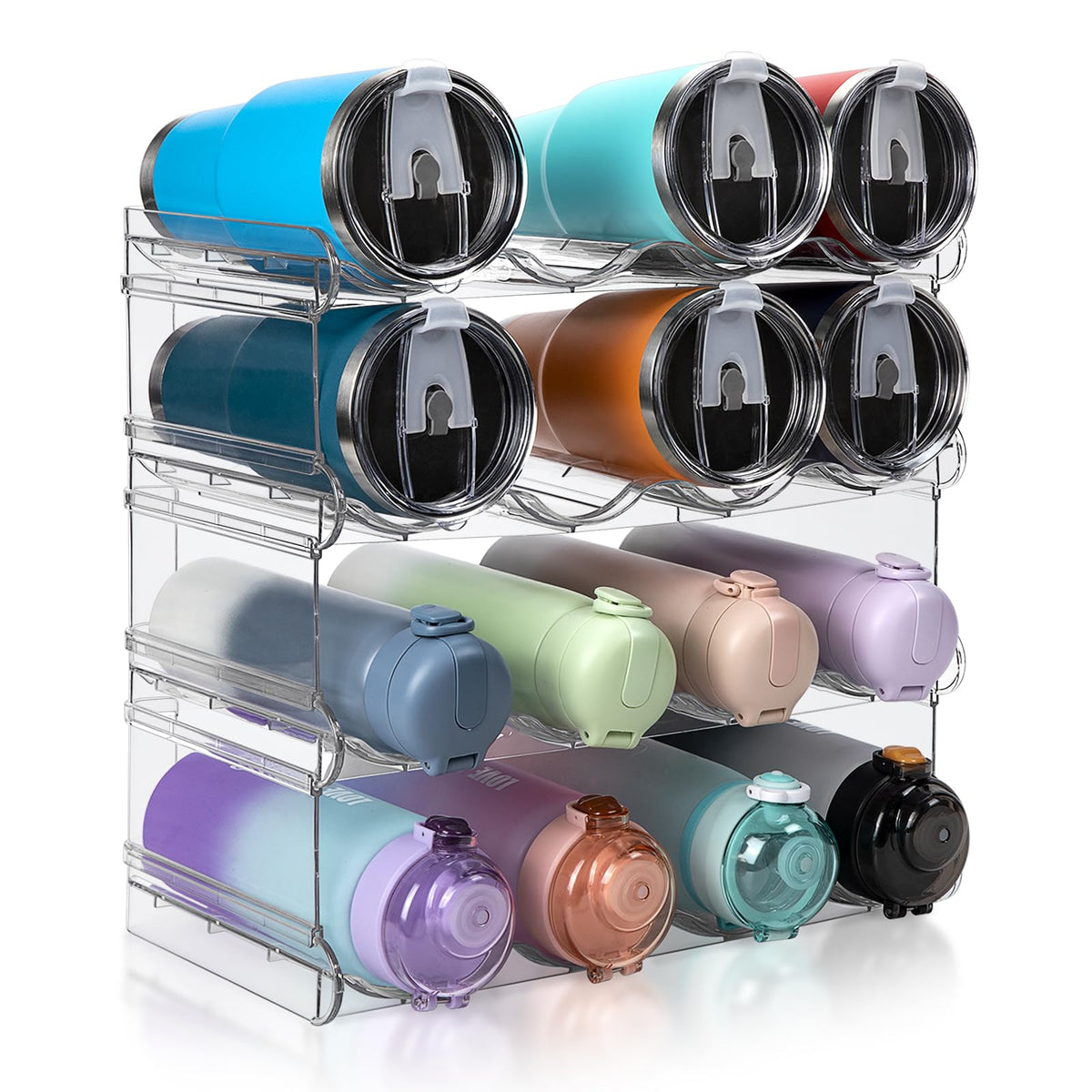 spospo Stackable Water Bottle Organizer, Large Compartment Water Bottle Holder, 4 Tier Clear Water Bottle Organizer for Cabinet,