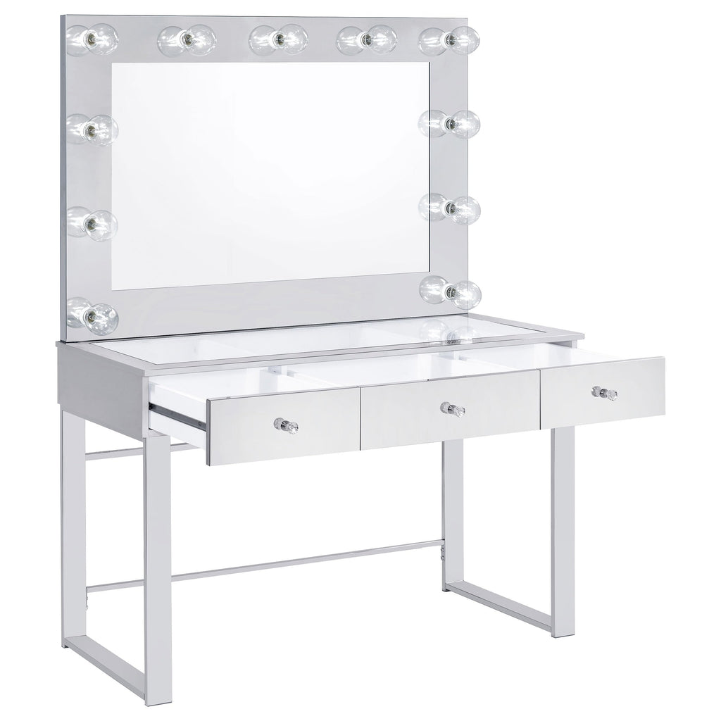 Coaster Home Furnishings Umbridge Modern Classic 2-Piece 3-Drawer Chrome Metal Wrapped Makeup Vanity Desk with Hollywood Vanity Mirror for Bedroom Makeup Table Tempered Glass Top Chrome 935934