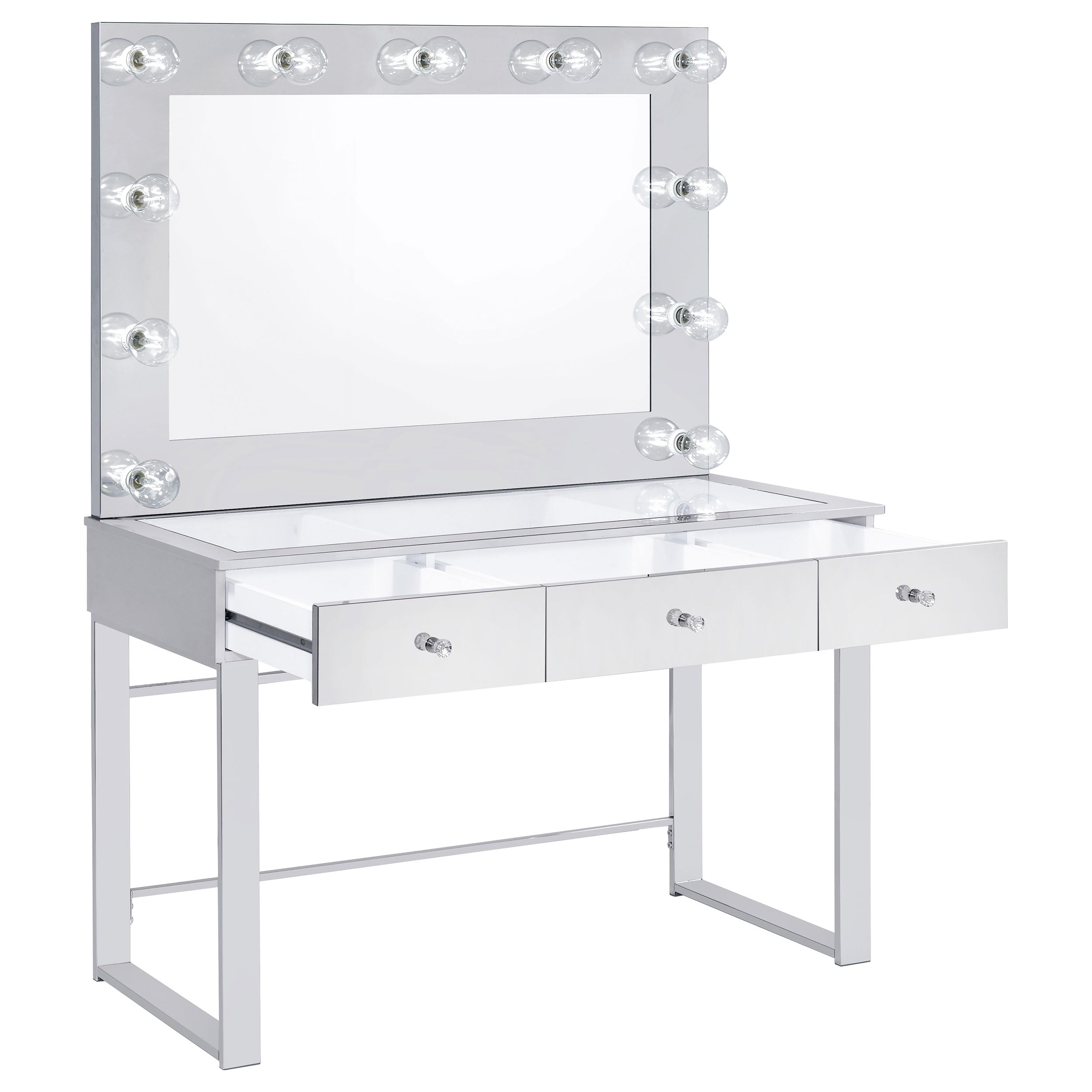 Coaster Home Furnishings Umbridge Modern Classic 2-Piece 3-Drawer Chrome Metal Wrapped Makeup Vanity Desk with Hollywood Vanity Mirror for Bedroom Makeup Table Tempered Glass Top Chrome 935934