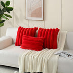 Futei Red Decorative Throw Pillow Covers 12X20 Inch Set Of 2, Square Soft Faux Rabbit Fur Big Striped Cushion Cover,Home Decor F