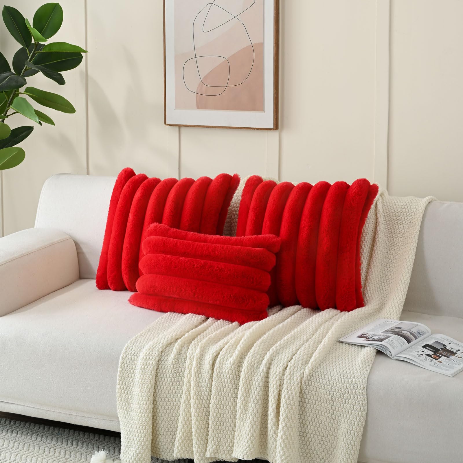 Futei Red Decorative Throw Pillow Covers 12X20 Inch Set Of 2, Square Soft Faux Rabbit Fur Big Striped Cushion Cover,Home Decor F