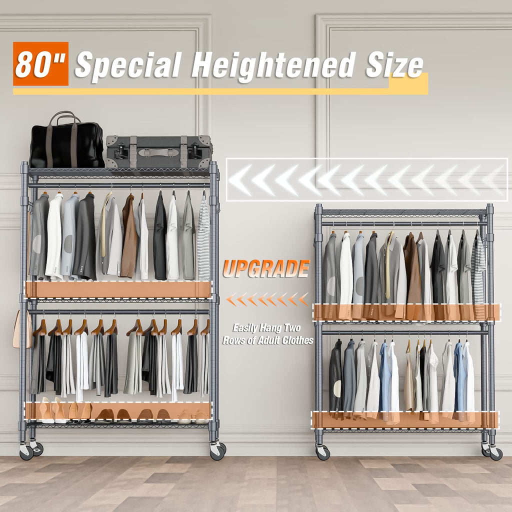 Homdox 3 Shelves Wire Shelving Clothing Rolling Rack Heavy Duty Commercial Grade Garment Rack With Wheels And Side Hooks (One Pa