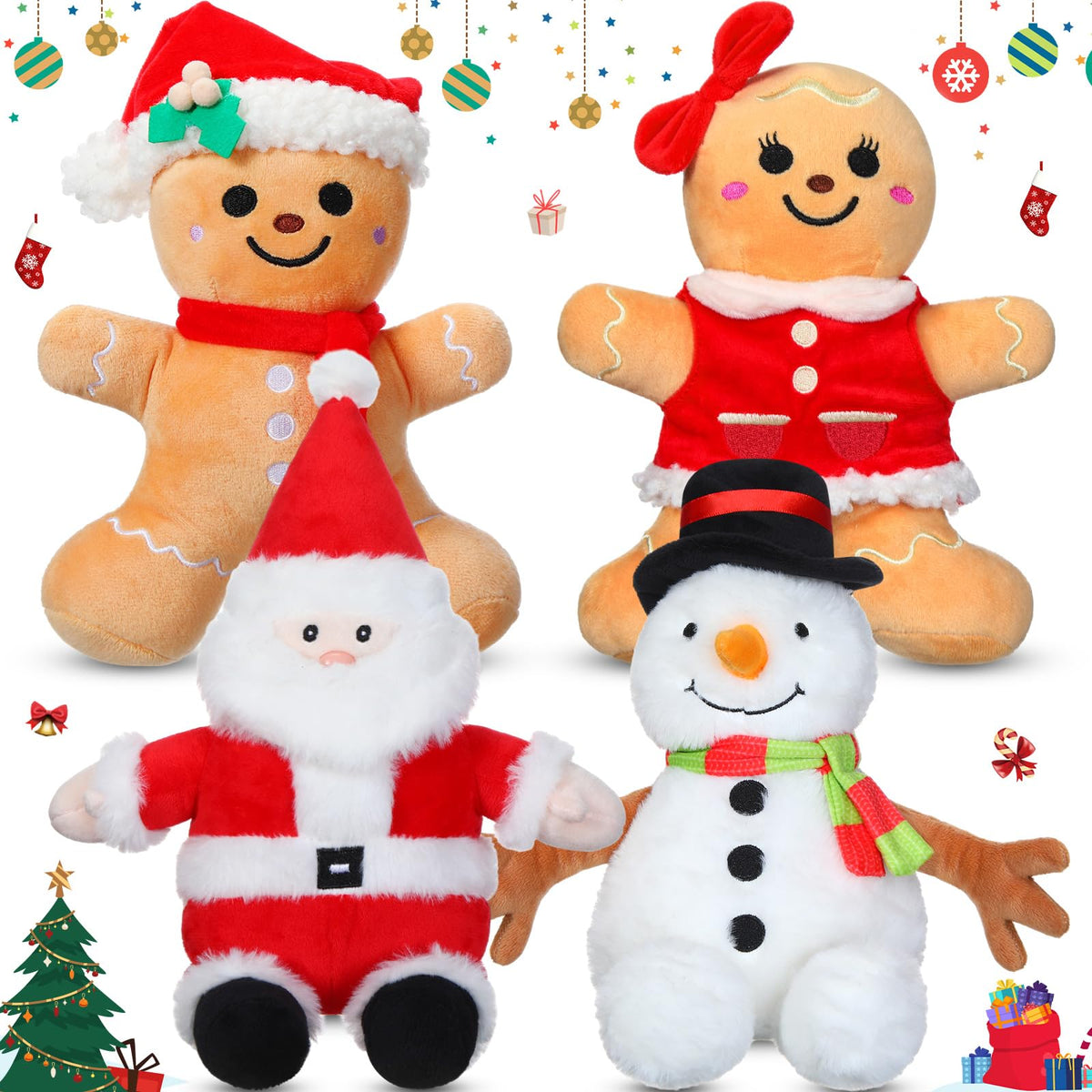 Syhood 4 Pieces 9 Inch Christmas Plush Toys Santa Claus Plush Snowman Plush Gingerbread Man Plush Christmas Stuffed Animal Ginge