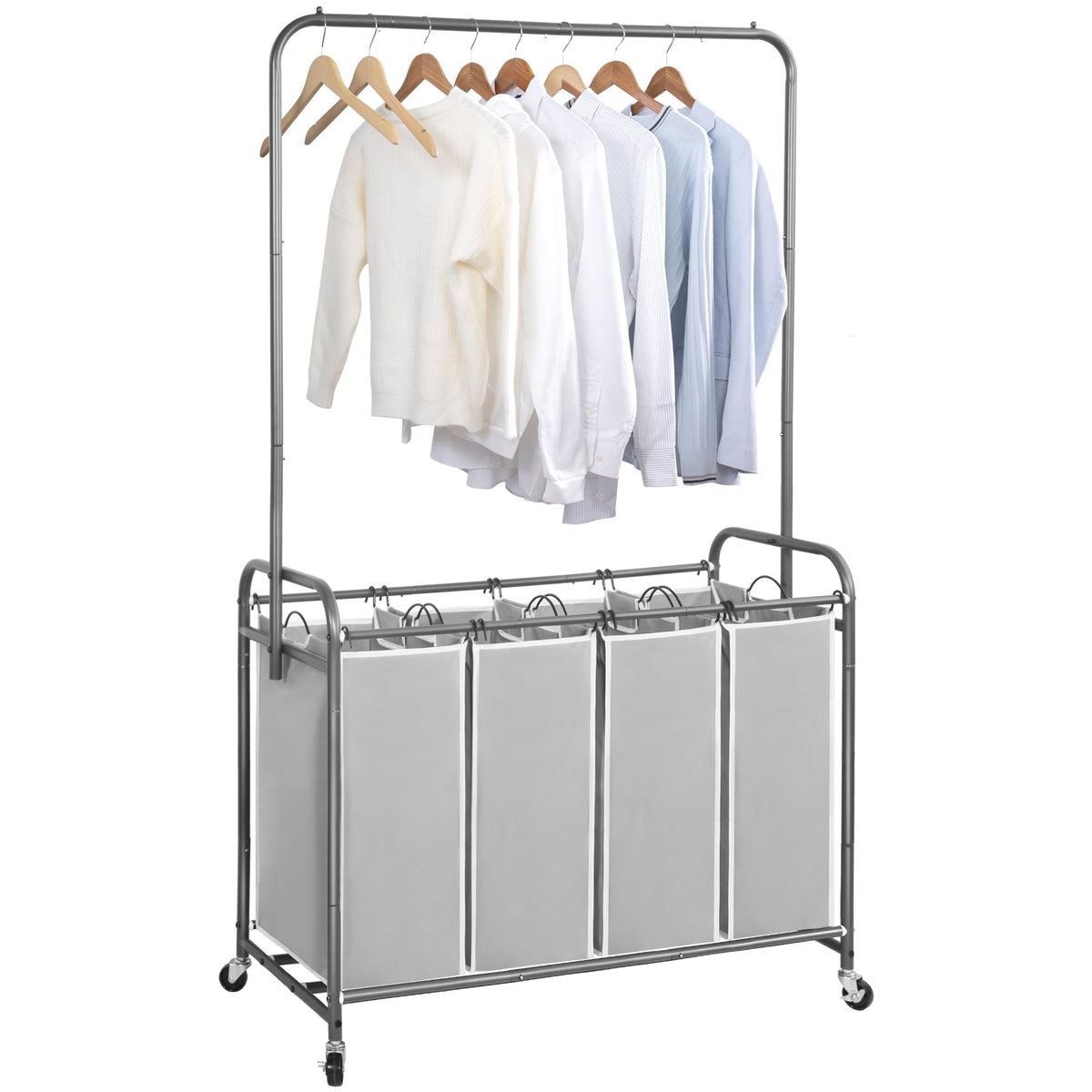 STORAGE MANIAC Laundry Sorter with Hanging Bar, Portable, Removable Laundry Hamper Cart with Heavy Duty Lockable Wheels and Remo