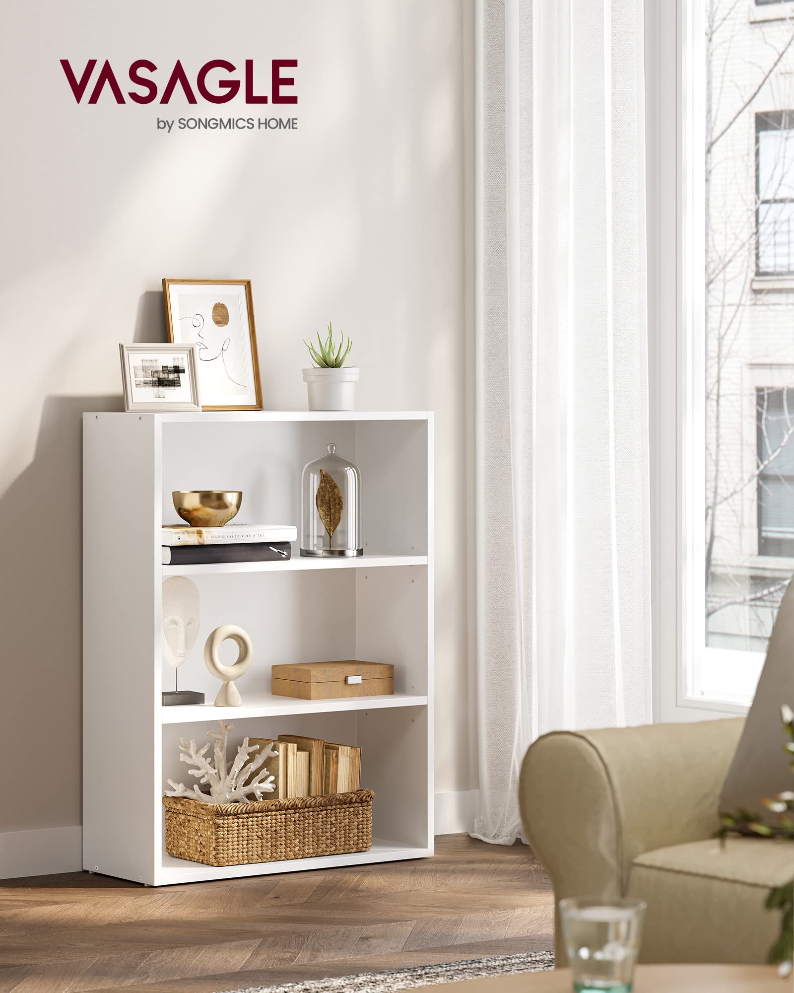 Vasagle Bookshelf, 23.6 Inches Wide, 3-Tier Open Bookcase With Adjustable Storage Shelves, Floor Standing Unit, Cloud White Ulbc163T14