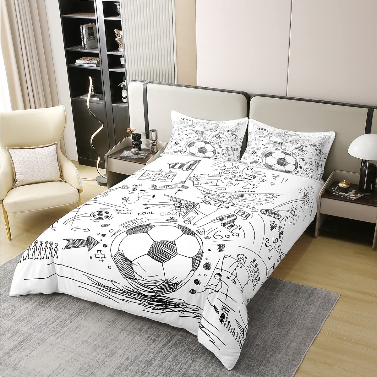 100% Organic Cotton Football Comforter Cover, Hand Drawn Sketch Soccer Flag Network Team Sports Duvet Cover For Boys Teens Men,