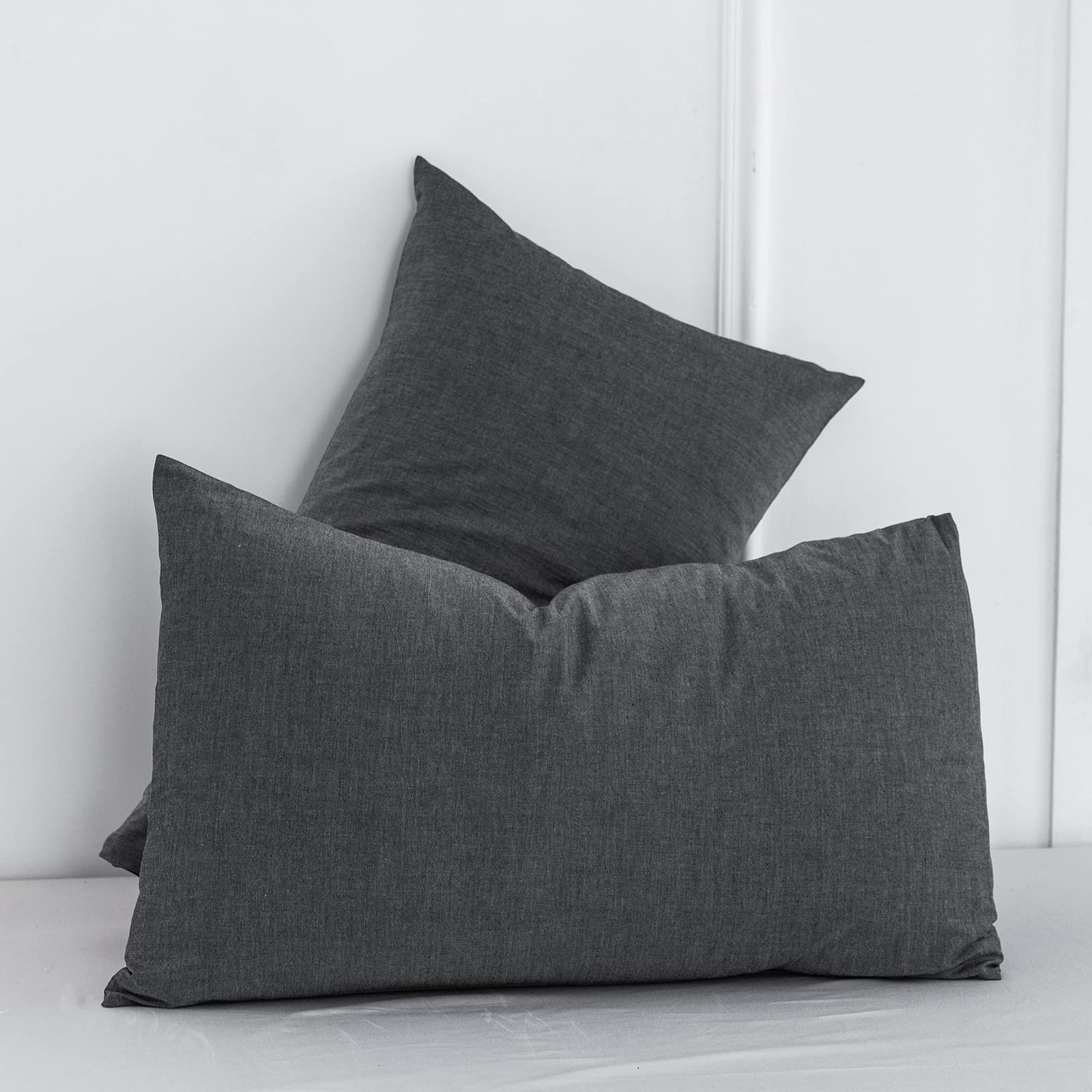 Moomee Bedding Pillowcases Pack Of 2 100% Washed Cotton Linen Like Textured Breathable Durable Soft Comfy (Dark Grey, King)