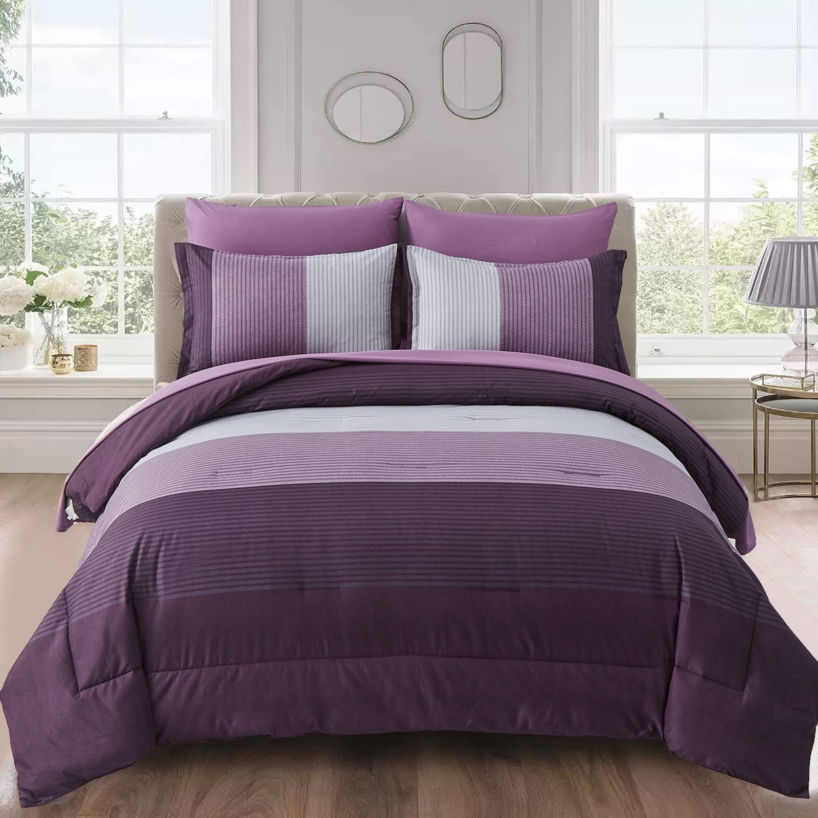 Wongs Bedding Purple Comforter Set Queen, Reversible Purple Striped Patchwork Alternative Comforte Set For Queen Bed,3 Pieces(1