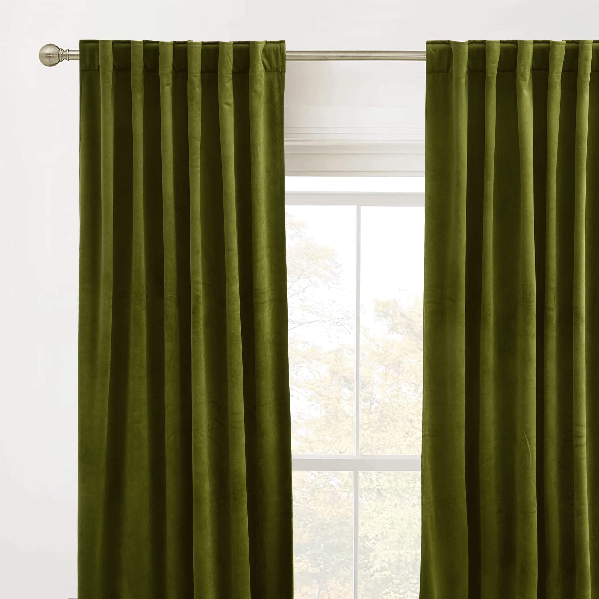 Ryb Home Green Velvet Curtains For Bedroom - Soft Farmhouse Window Decor Room Darkening Thermal Insulating Drapes For Living Room Dining Home Office, Width 62 X Length 96 Inch, Moss Green, 1 Pair