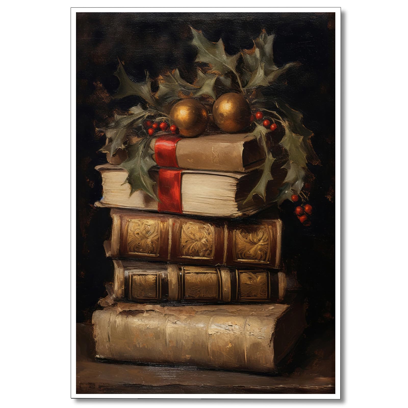Wodkodnxy Vintage Christmas Canvas Wall Art, Rustic Books Art Still Life Pictures for Wall, Merry Christmas Poster Winter Print,