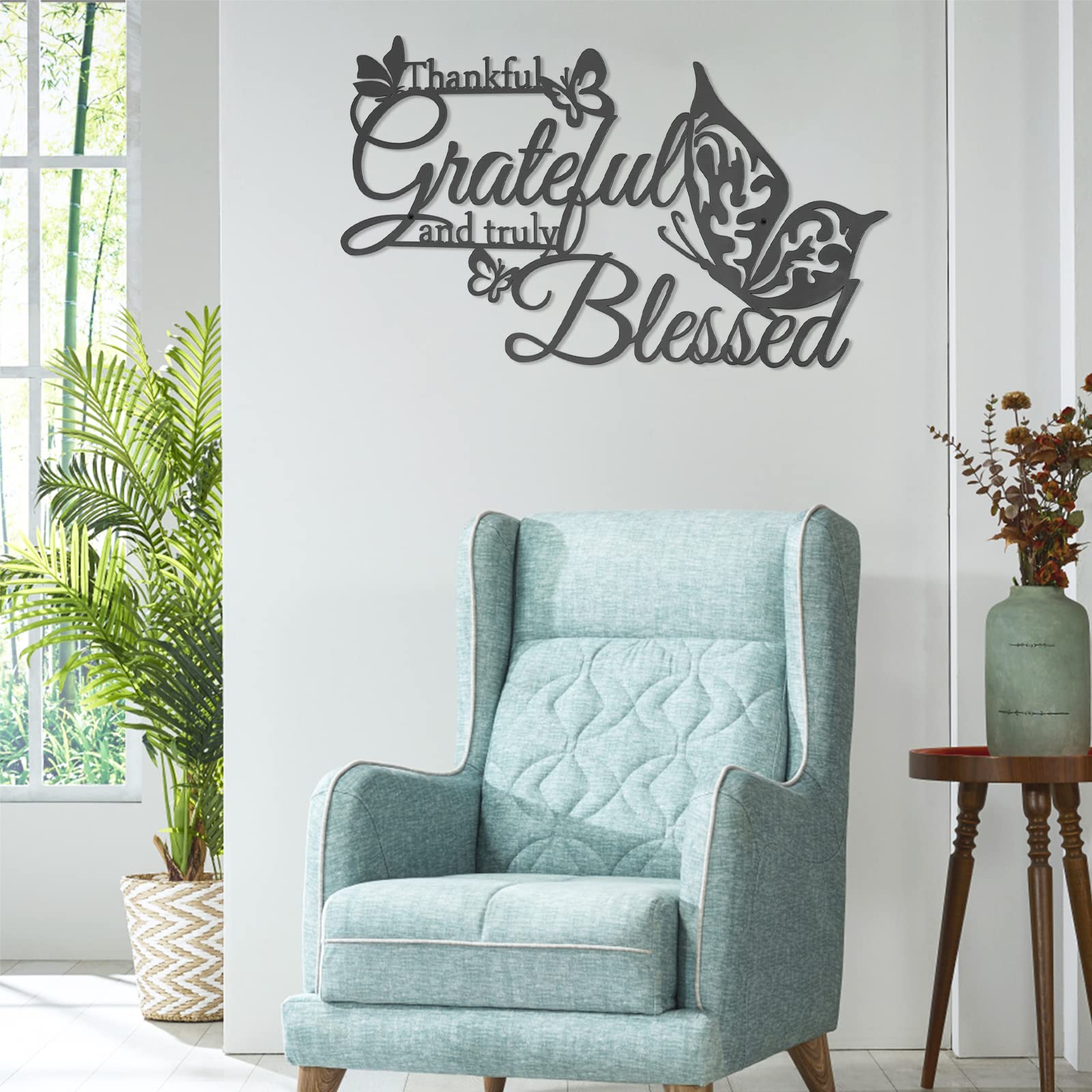 Khayrovies Thankful Grateful And Truly Blessed Art Word Wall Sign Decor, Black Metal Hanging Wall Home Decoration With Butterfli