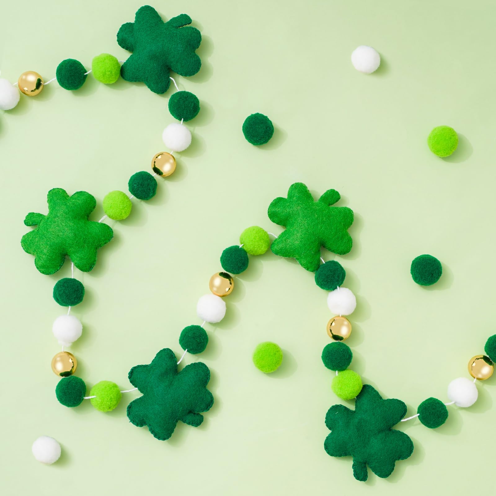 Whaline 8.2 Ft St. Patrick's Day Felt Banner 3D Lucky Shamrock Clover with Gold Bead Hanging Garland Green White Pom Ball Banner