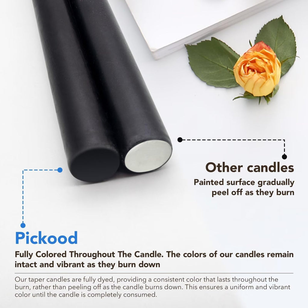 Pickood 10-Inch Tall Dripless Taper Candles Set Of 4 - Black Tapered Candles, Perfect For Halloween - Smokeless, Unscented, Long
