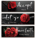 3 Pcs Red Decor Flower Inspirational Wooden Wall Art Red Roses Decor Office Wall Decor with Accept Let Go Have Faith Positive Qu
