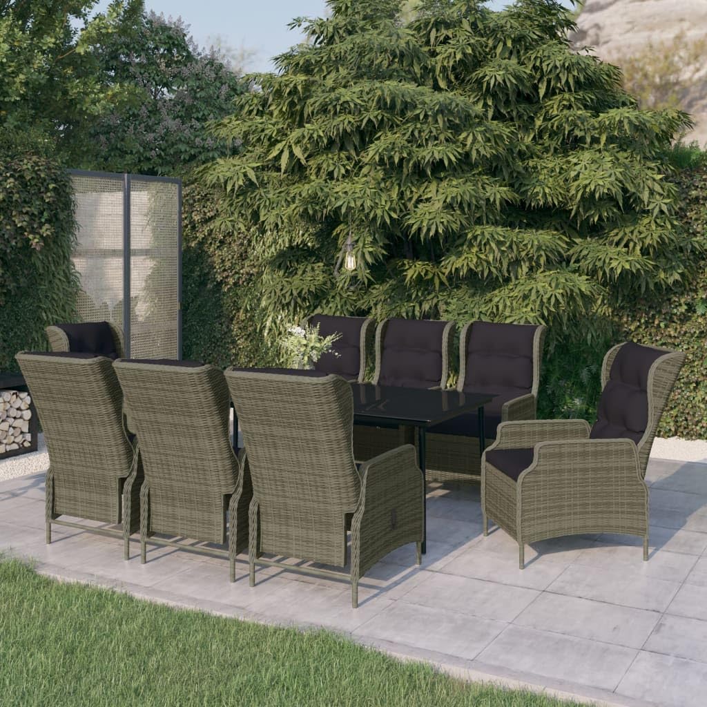 vidaXL Patio Dining Set with Rattan Chairs and Glass Tabletop - Outdoor 9 Piece Dining Set - Adaptable Backrest Reclining Chairs with Cushions - Sleek Black Table - Light Gray Rattan Chairs