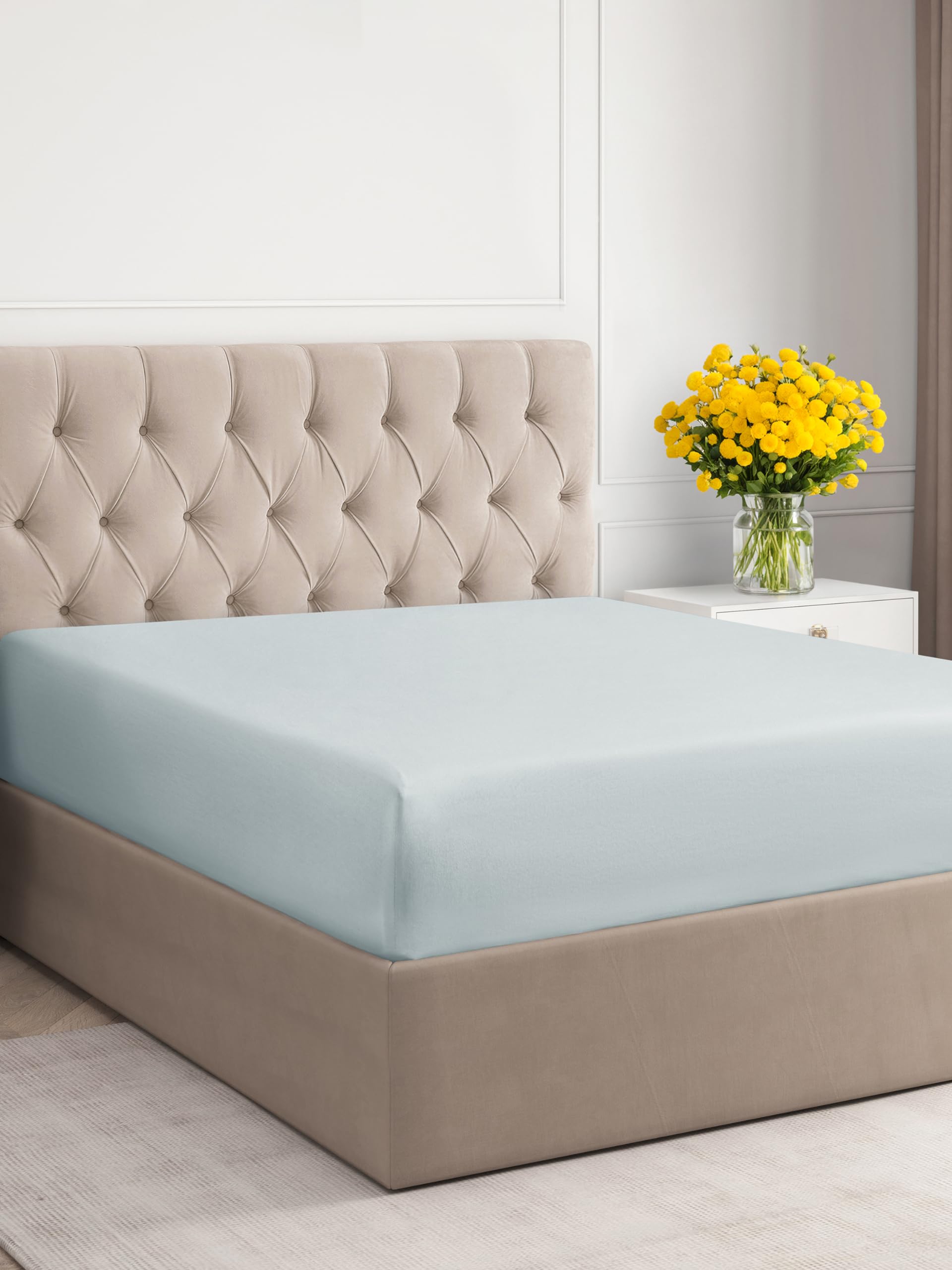Full Size Fitted Bed Sheet - Hotel Luxury Single Fitted Bottom Sheet Only - Fits Mattress Between 8 To 16 Inches - Deep Pockets, Extra Soft And Wrinkle Free - Easy-Fit, Breathable & Cooling - Ice Blue