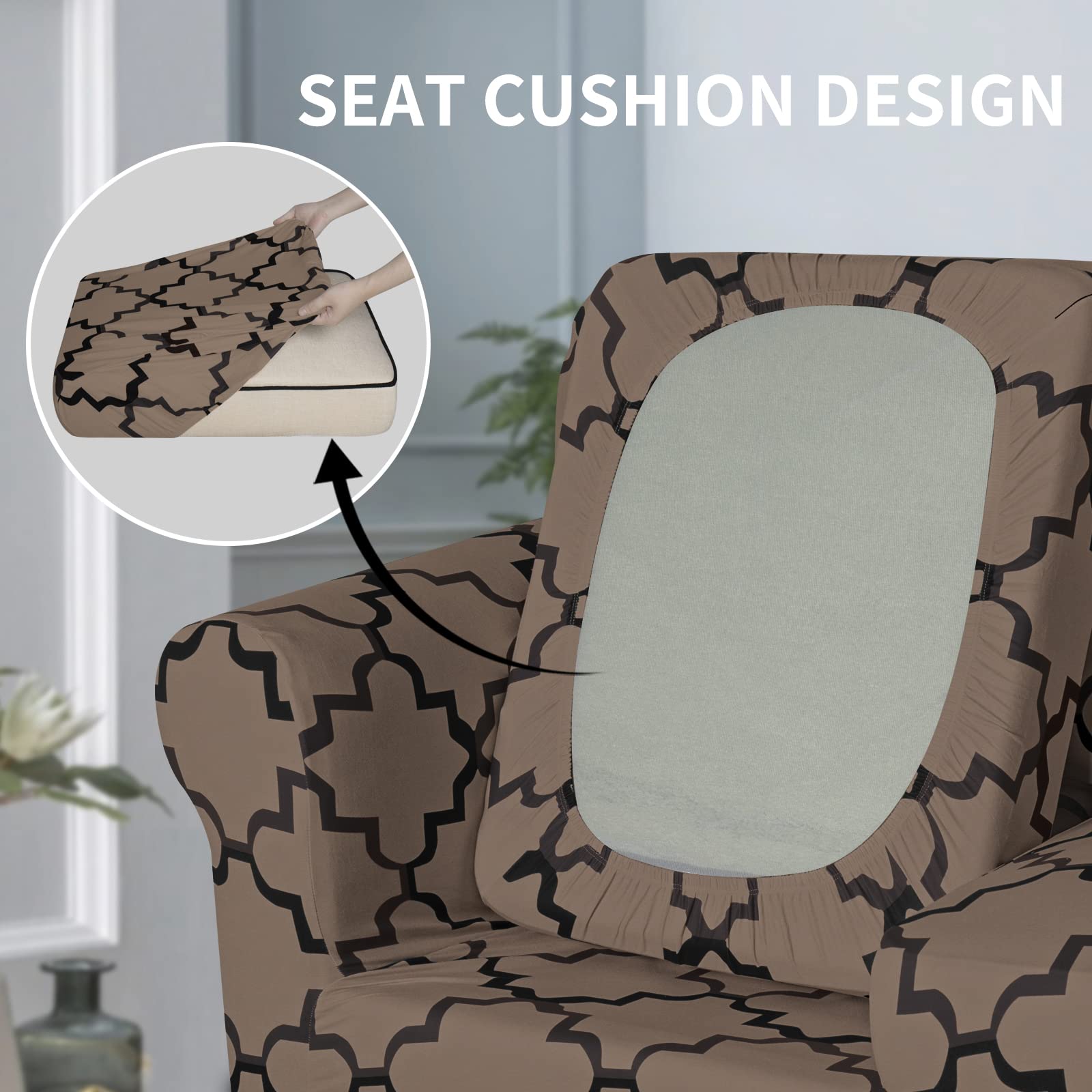 Easy-Going 2-Piece Stretch Couch Cover Print Fleece Sofa Slipcover, Micro Fiber Stylish Furniture Protector For 1 Cushion Sofa, Pets, Kids, Children, Dog (Chair, Quatrefoil/Camel)