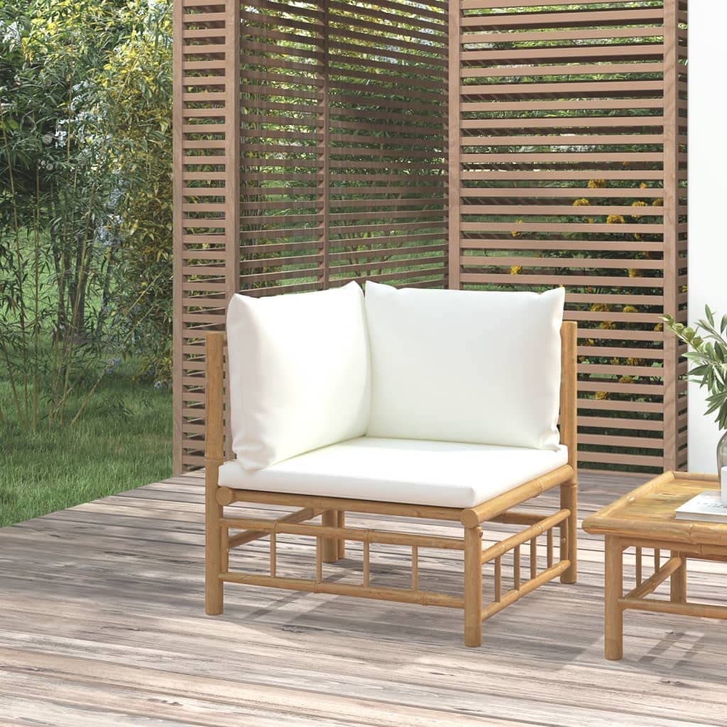 vidaXL Patio Corner Sofa, Natural Bamboo Construction with Cream White Cushions, Modular Design, Perfect for Outdoor, Patio, and Garden Seating