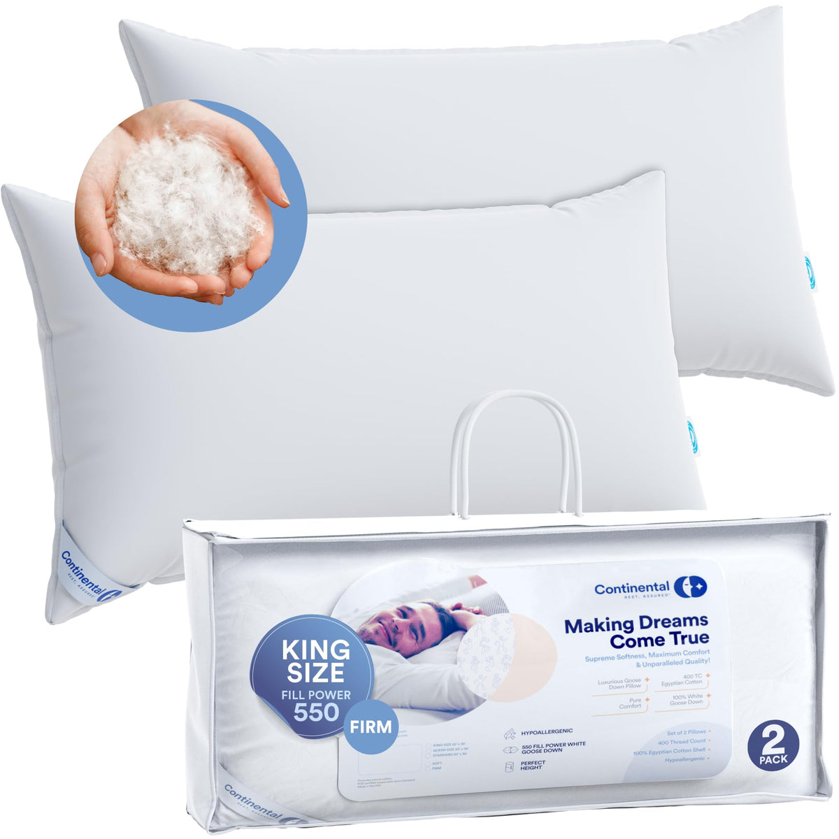 Continental Bedding 100% Luxury Down Pillows King Size Set Of 2 - Family Made In New York - Breathable Bed Pillows For Sleeping,