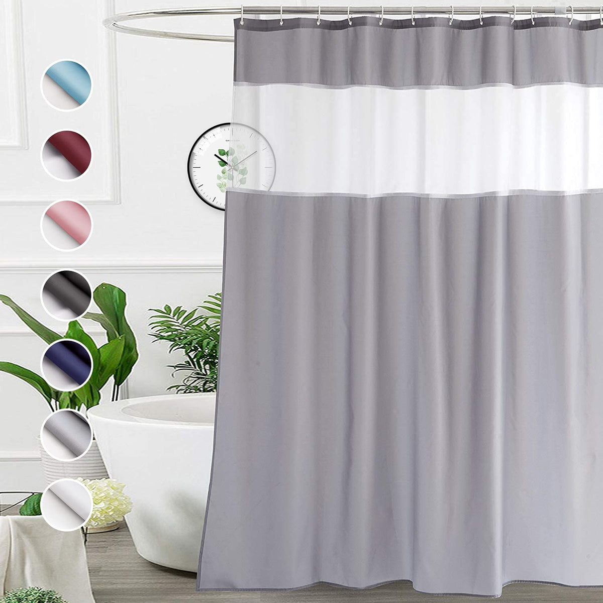 Ufriday 96 Inch Long Shower Curtain,Xlong Light Grey And White Fabric Shower Curtain For Bathroom With Mesh Window, Weighted Bot