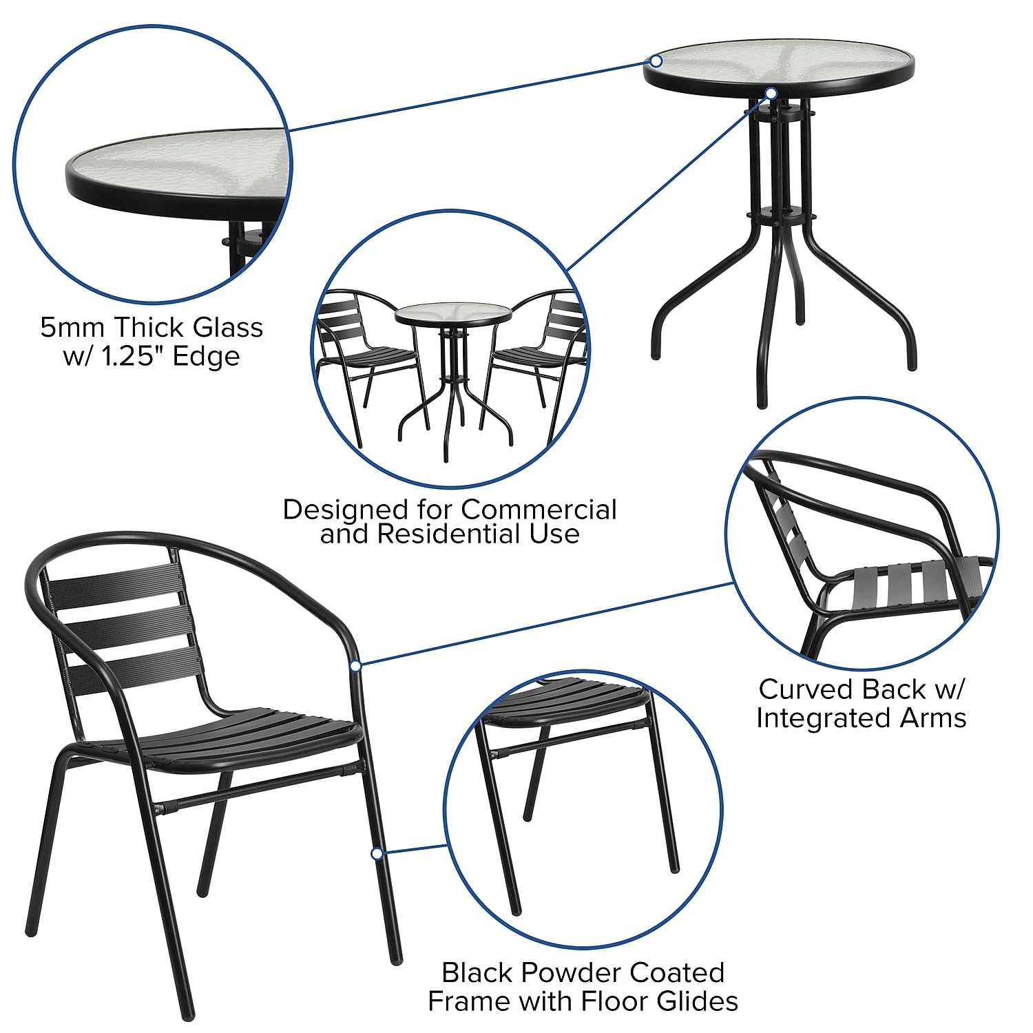 Flash Furniture 23.75'' Round Glass Metal Table With 2 Black Metal Aluminum Slat Stack Chairs
