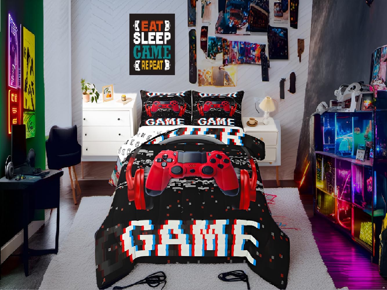 Erosebridal Twin Comforter Set For Boys, Gamer Comforter Gaming Headsets Bedding Sets, Kids Teens Music Game Controller Bedding Comforter Sets, Red Black Quilt Gamer Room Decor