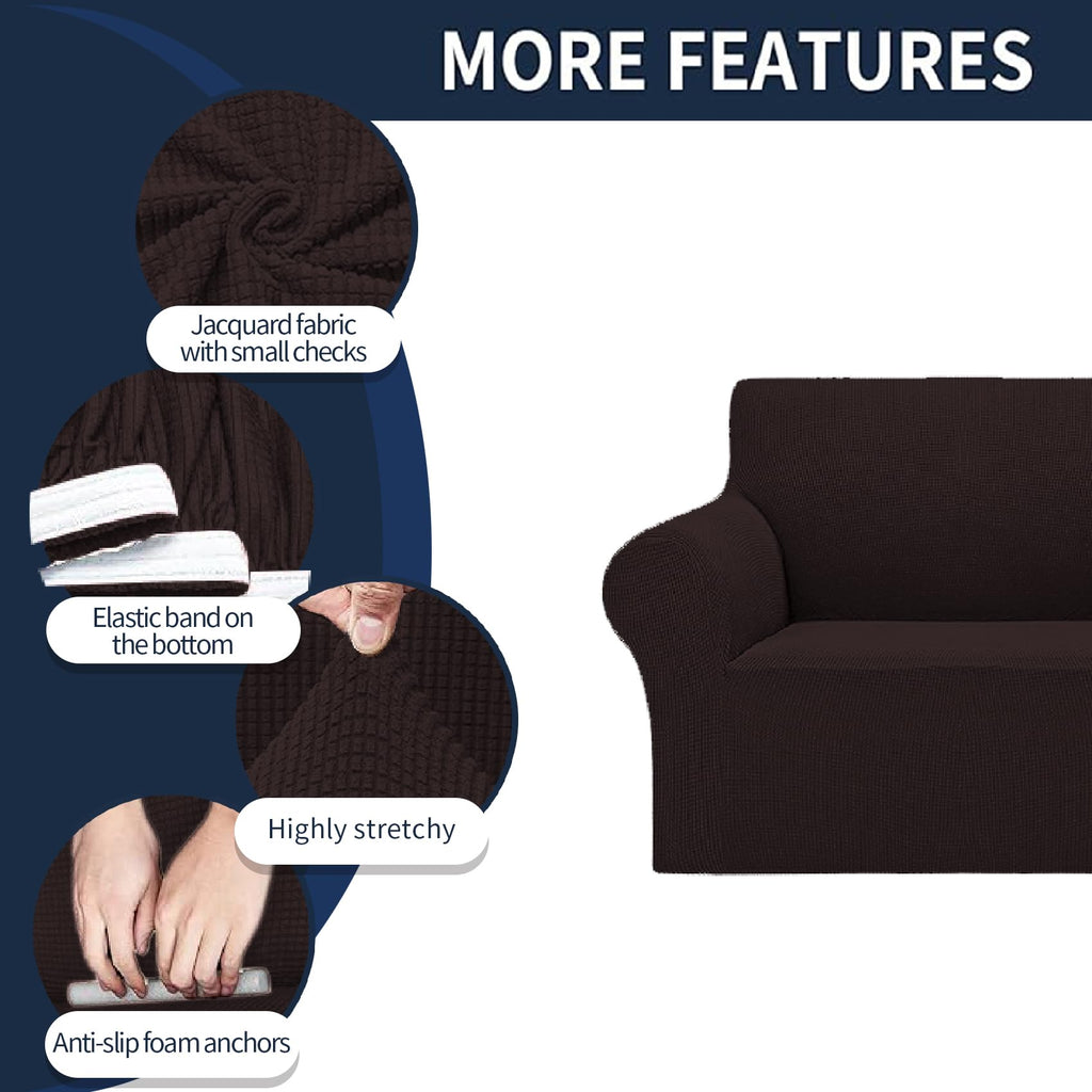 2025 New Stretch Loveseat Sofa Slipcovers Couch Cover For 2 Cushion Furniture Protector Sofa Covers With Elastic Bottom Jacquard Fabric Small Checks For Pets, Kids - Chocolate