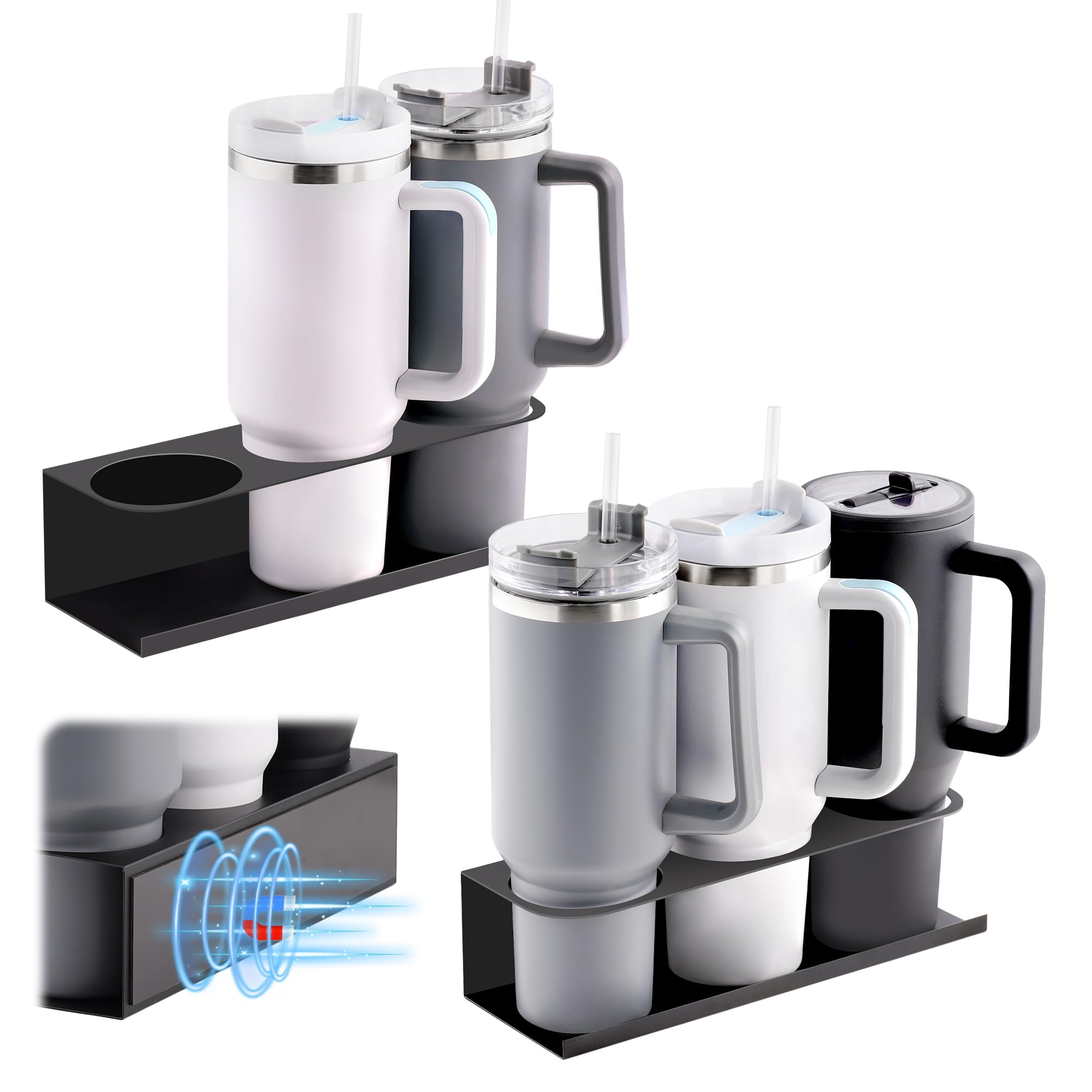 2 Pack Magnetic Cups Holder, Organizer For 30-40 Oz Water Bottle Tumblers With Handle, Kitchen Cup Storage Rack For Refrigerator