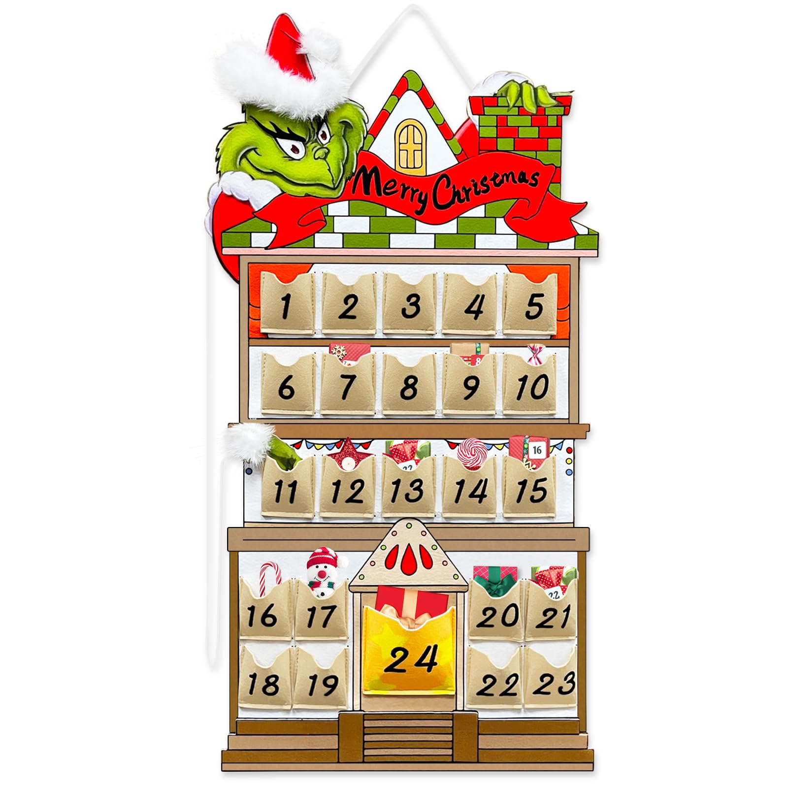 KOUPA Hanging Christmas Countdown Advent Calendar, Santa Grinch Green Haired Monster Decoration, Reusable Xmas Gift for Holiday 