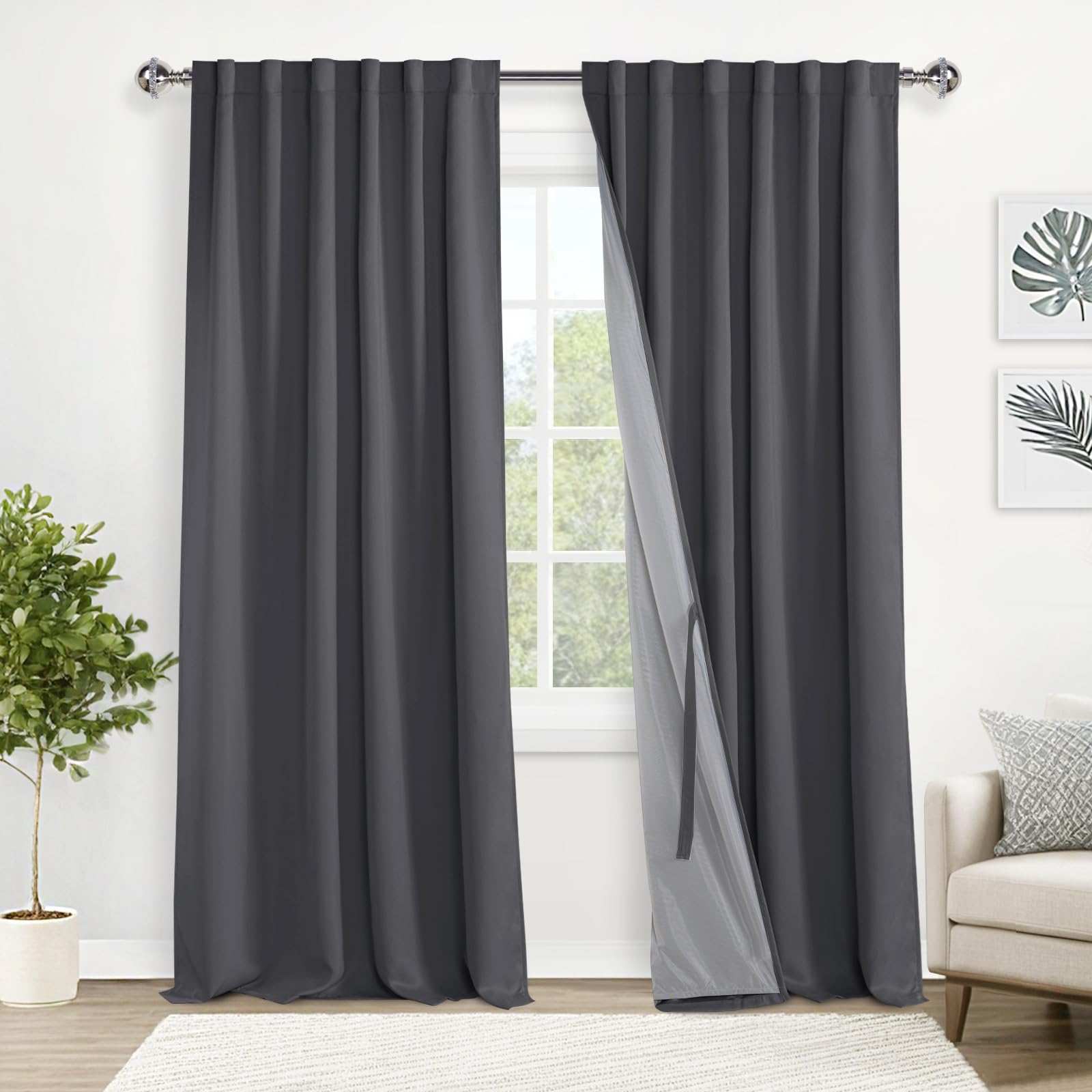 Xwzo 100% Blackout Curtains 95 Inches Long With Tiebacks- Rod Pocket/Back Tab Privacy Protection Noise Blocking Window Drapes Wi