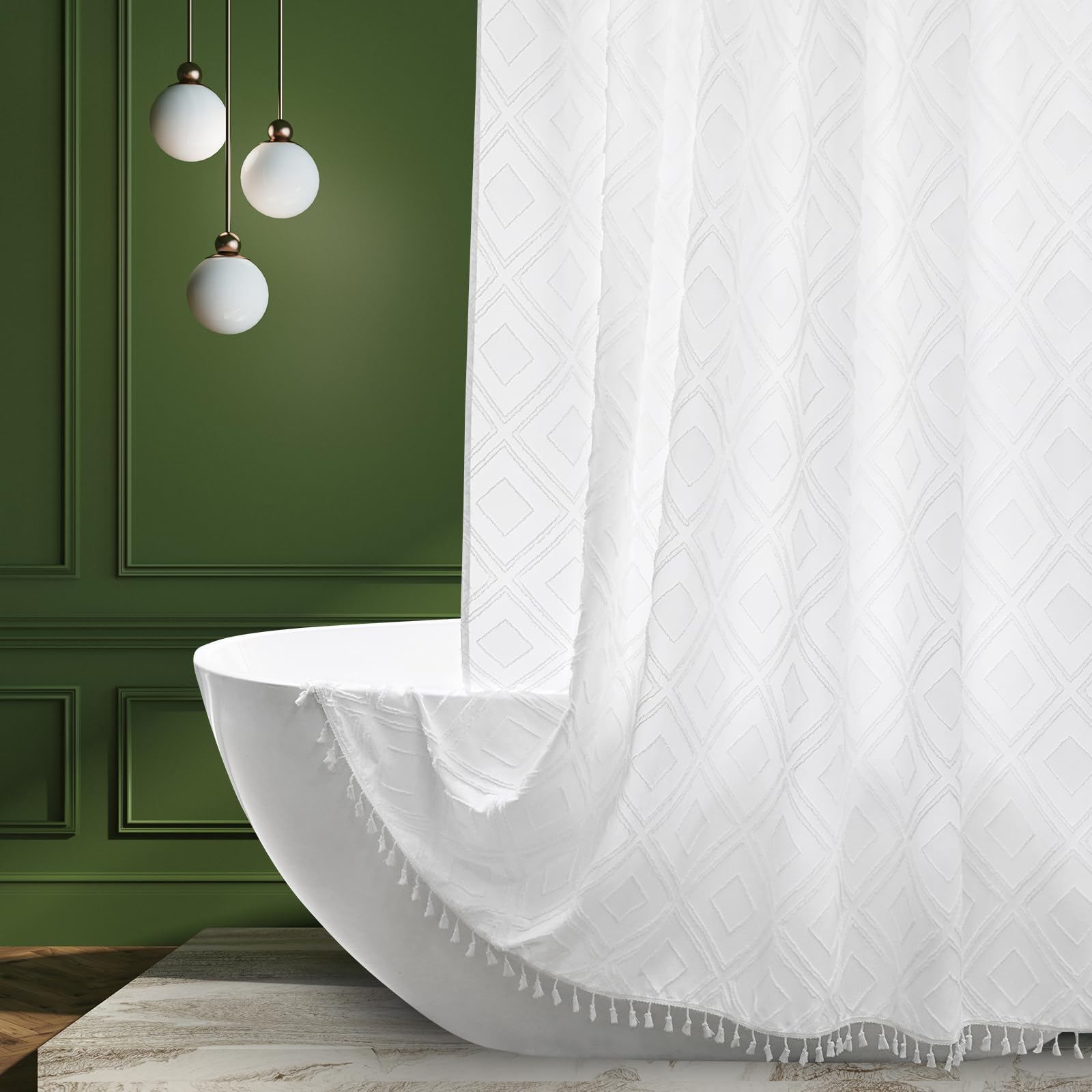 Eurcross Long White Boho Shower Curtain 80 Inches Length For Farmhouse, Soft & Elegant Tufted Textured Fabric Shower Curtains 72