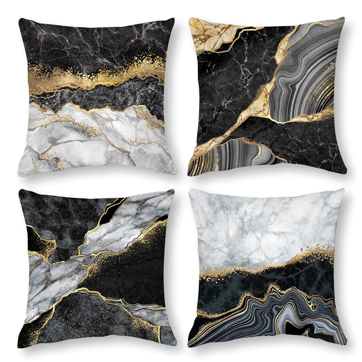 Black Gold Marble Texture Decorative Pillow Covers 18X18 Set Of 4, Gold And Black Grey Throw Pillow Cases For Couch Sofa Bedroom