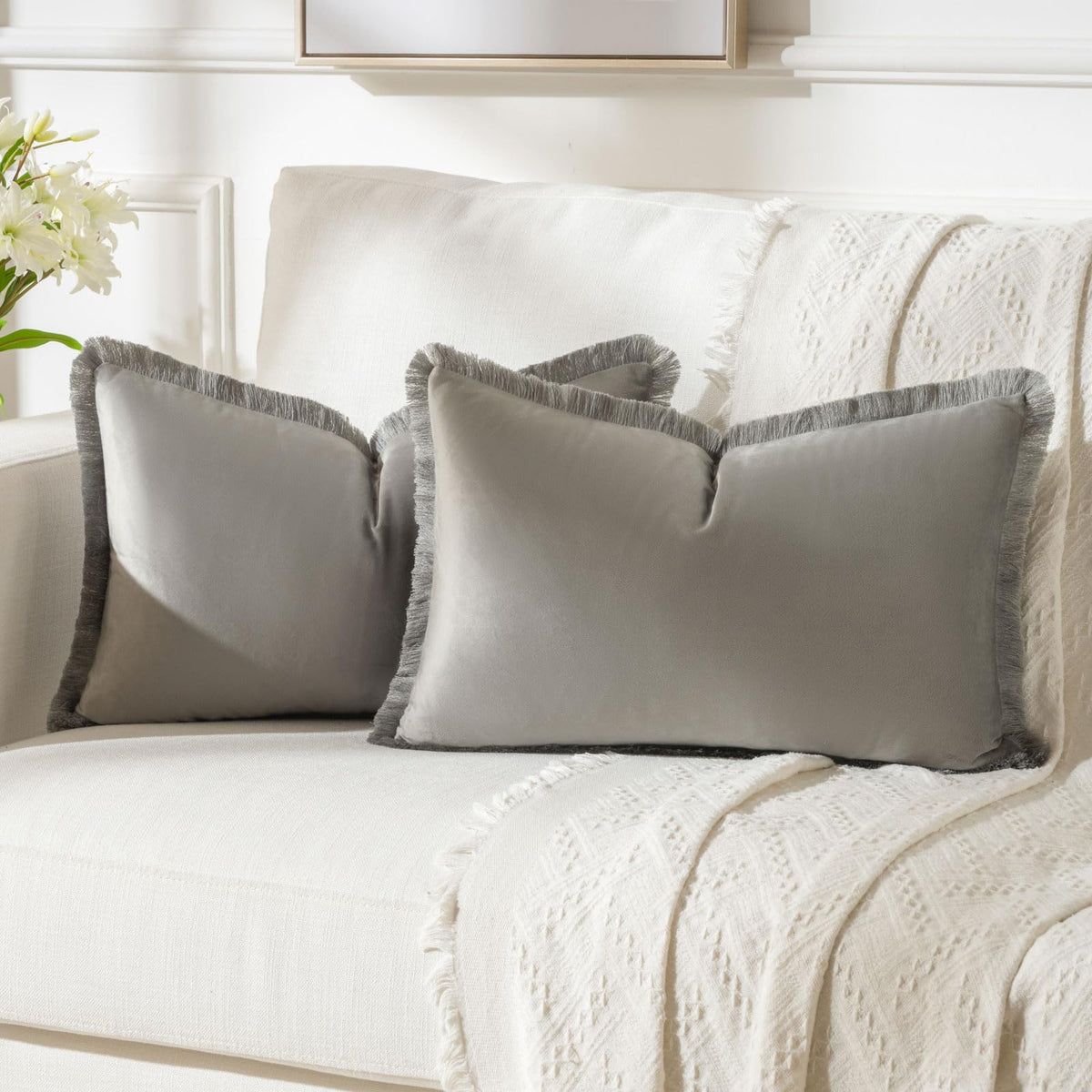 FUTEI Grey Boho Throw Pillow Covers with Tassels 12x20 Inch Set of 2,Soft Velvet Lumbar Pillow Cases,Home Decor for Couch Living