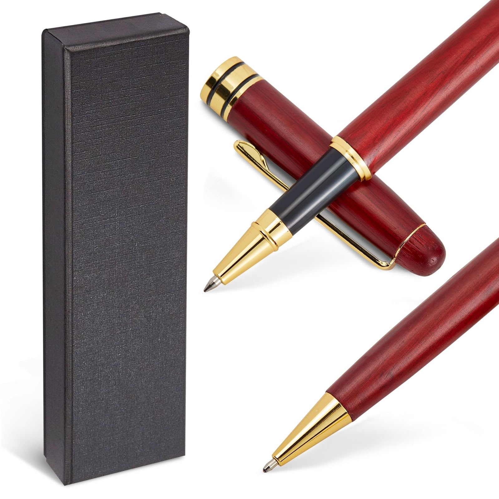 Juvale 2 Pack Luxury Rosewood Pen Sets For Men Gift - Fancy Nice Ballpoint Pens With Black Ink Refills For Signature Executives
