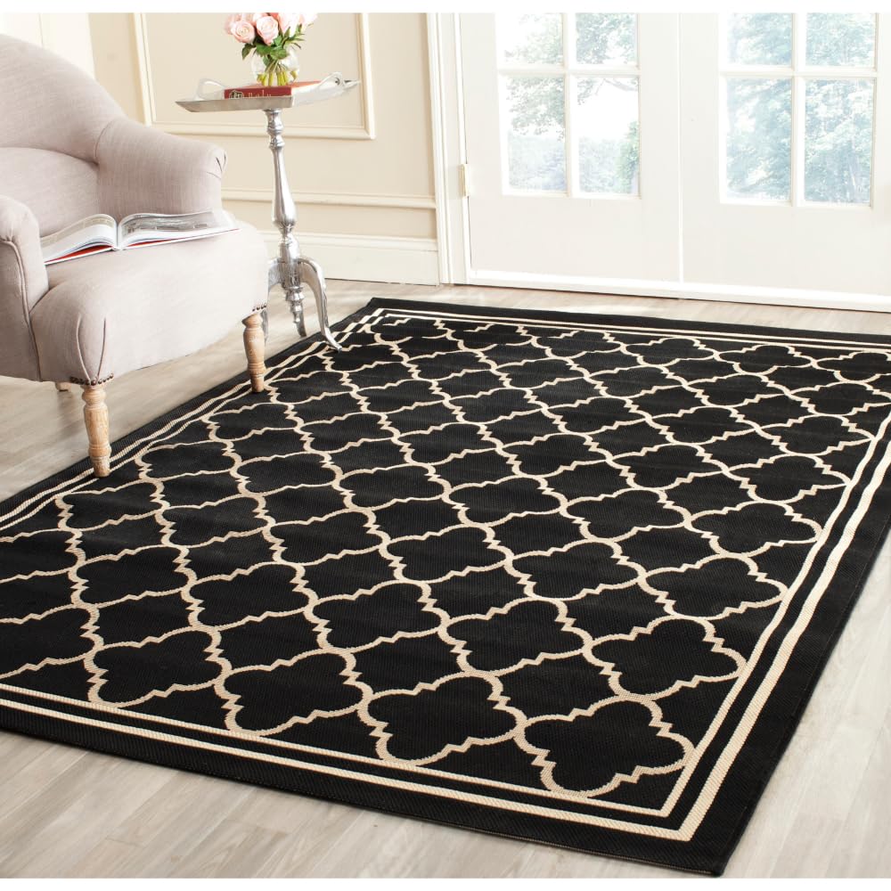 SAFAVIEH Courtyard Collection Area Rug - 53 x 77, Black & Beige, Trellis Design, Non-Shedding & Easy Care, Indoor/Outdoor & Wa