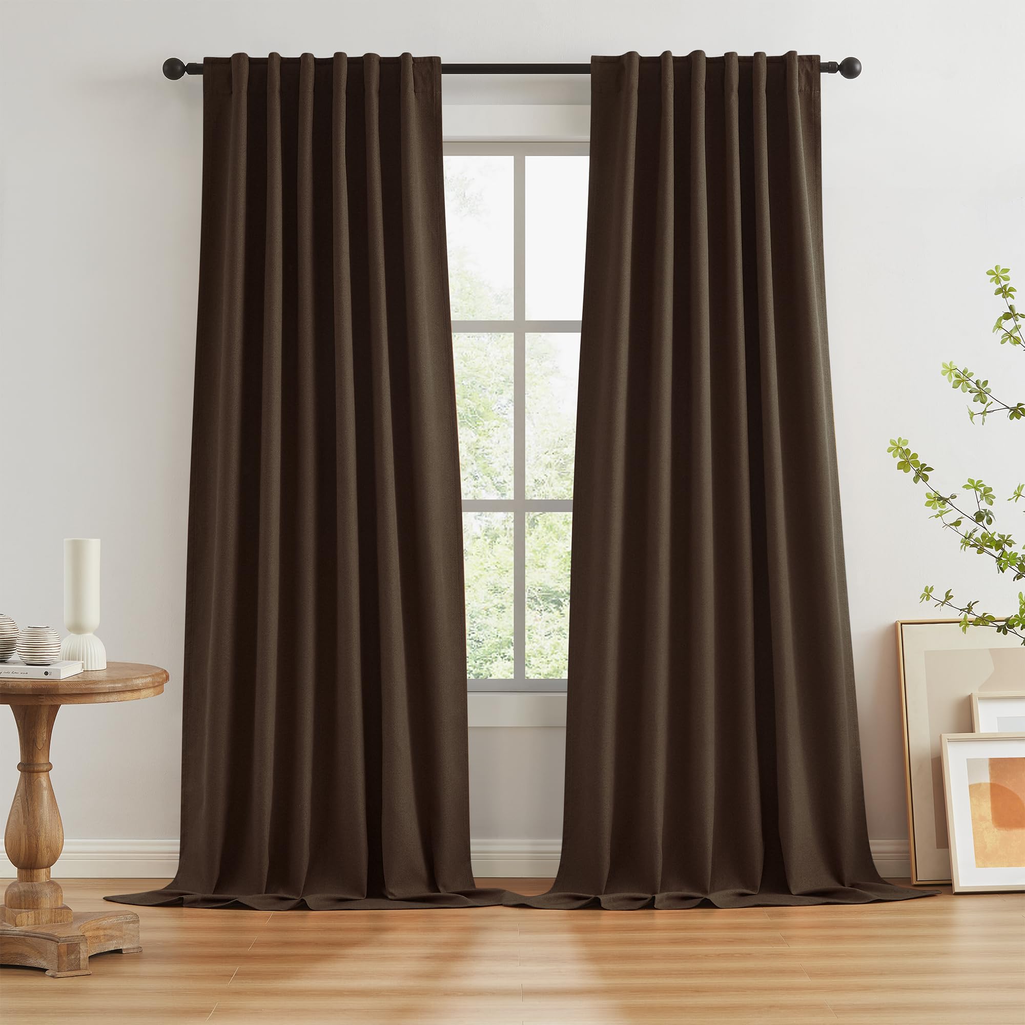 KEQIAOSUOCAI Brown Linen Textured Blackout Curtains 126 Inches Long for Living Room, Light Blocking Canvas Look Curtain Drapes C