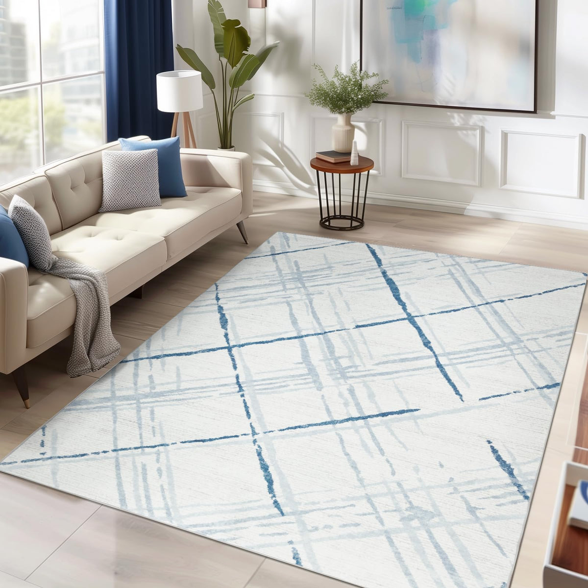 jinchan Area Rug 4x6 Modern Washable Rug Abstract Rug Geometric Grid Non Slip Accent Rug Thin Rug Indoor Floor Cover Blue Lines 