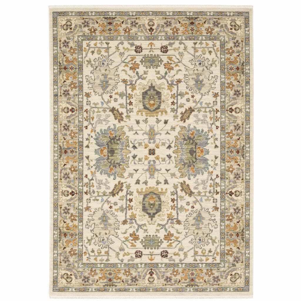 HomeRoots 509301 8 x 11 ft. Ivory Oriental Power Loom Stain Resistant Rectangle Area Rug with Fringe