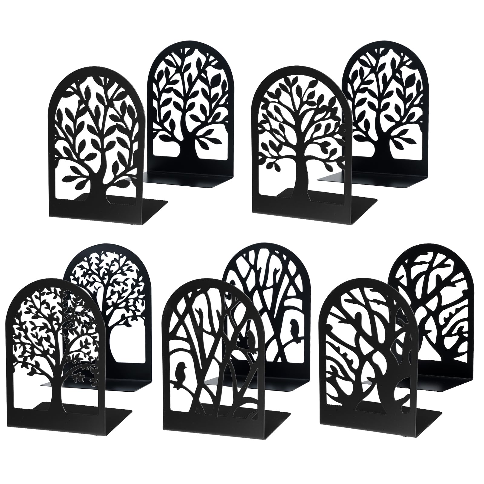 Eoout Bookends For Shelves Decorative, 5 Pairs Of Tree Bookends Supports, Black Metal Book Stoppers For Heavy Books, Heavy Duty
