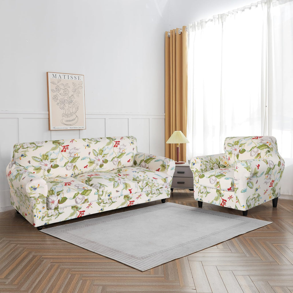 Searchi Stretch Sofa Cover Printed Couch Covers, Floral Pattern 2 Piece Armchair Slipcover With Separate Chair Cushion Cover, Washable Furniture Protector For Living Room(Chair, Spring Pattern)