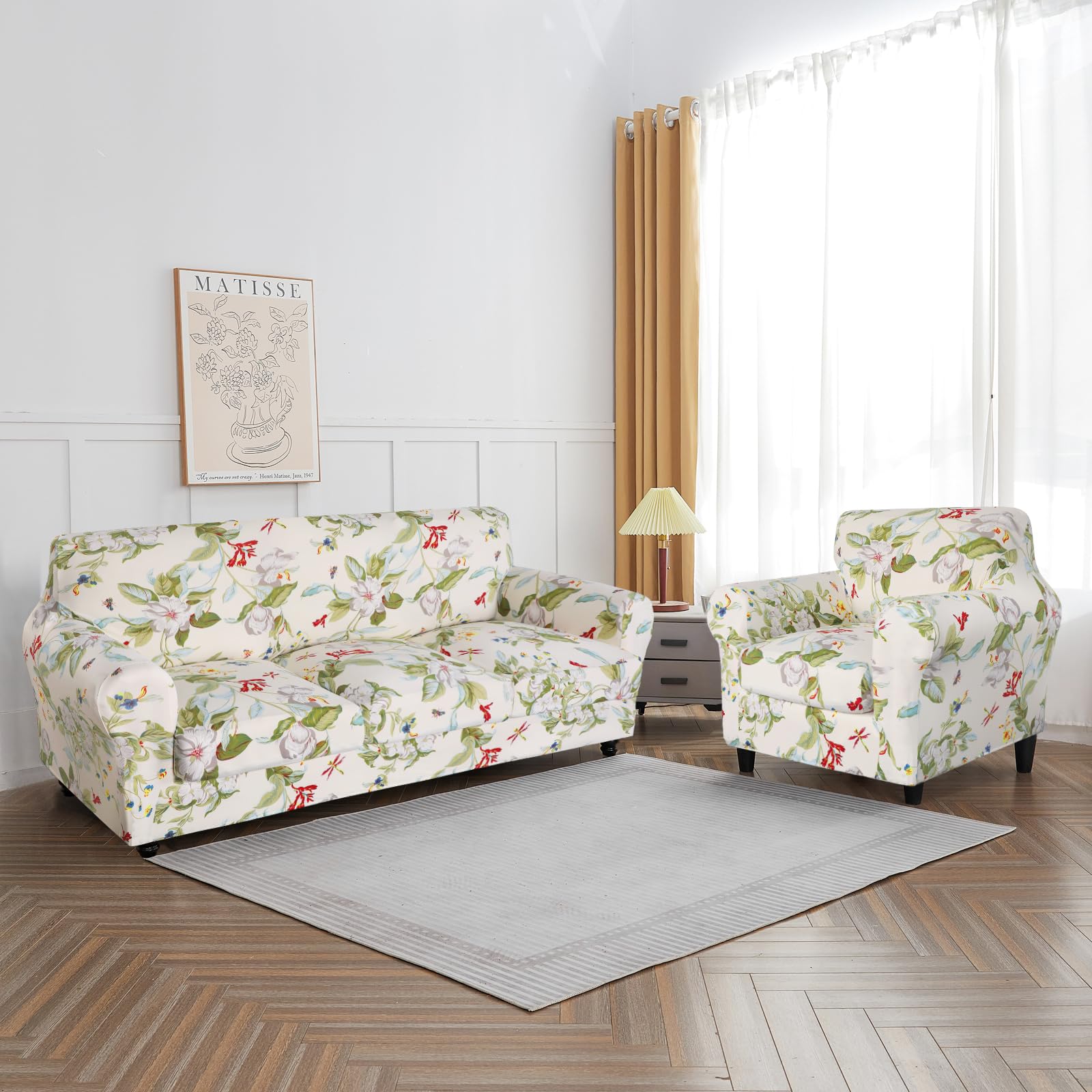 Searchi Stretch Sofa Cover Printed Couch Cover, Floral Pattern 4 Pieces Sofa Slipcover With 3 Separate Cushion Cover, Washable Furniture Protector For Living Room(Sofa, Spring Pattern)