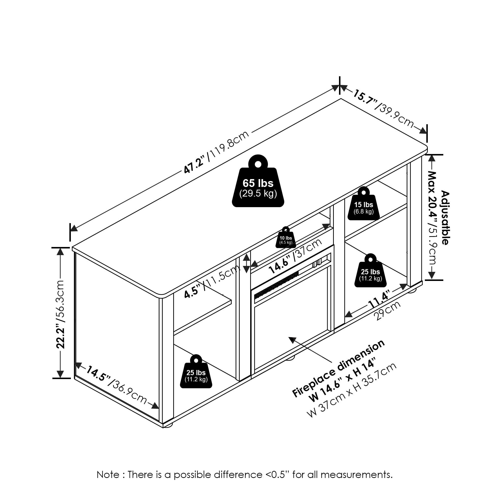 Furinno Jensen Fireplace TV Entertainment Center with Open Storage Compartment for TV up to 55 Inch, Solid White