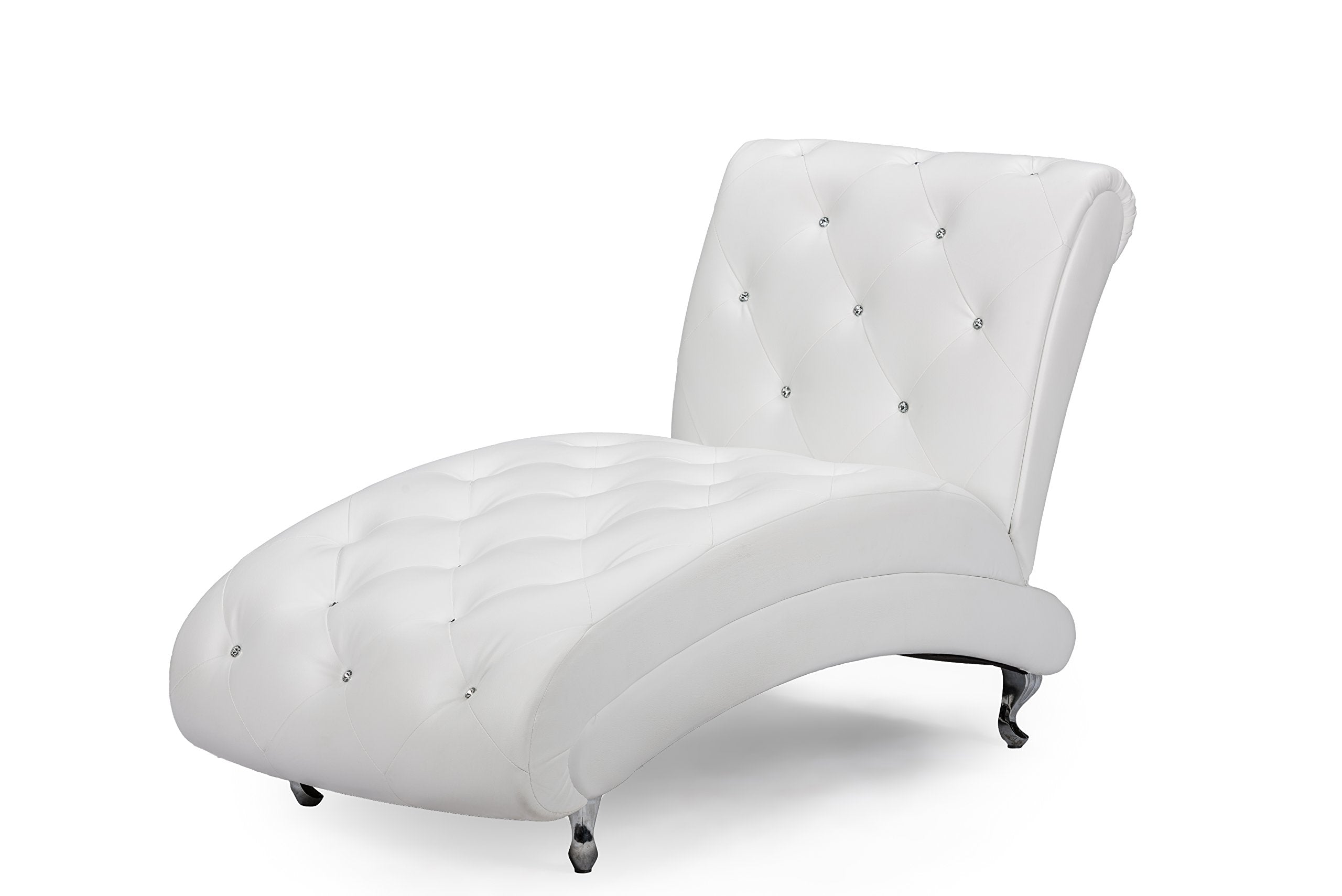 Baxton Studio Pease Contemporary Faux Leather Upholstered Crystal Button Tufted Chaise Lounge, White